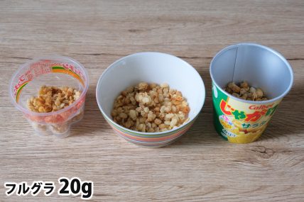 フルグラ20gを「Bigプッチンプリン」「250mlボウル」「じゃがりこカップ」に入れた時の目安