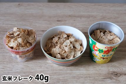 玄米フレーク40gを「Bigプッチンプリン」「250mlボウル」「じゃがりこカップ」に入れた時の目安