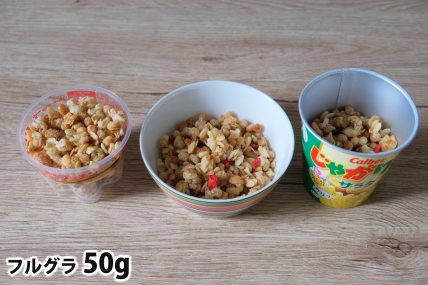 フルグラ50gを「Bigプッチンプリン」「250mlボウル」「じゃがりこカップ」に入れた時の目安