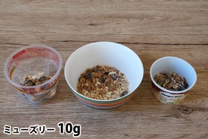 ミューズリー10gを「Bigプッチンプリン」「250mlボウル」「ハーゲンダッツ」に入れた時の目安