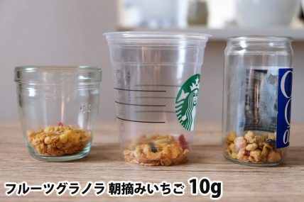 フルーツグラノラ 朝摘みいちご10gを「モロゾフ」「トールサイズのカップ」「ワンカップ大関」に入れた時の目安
