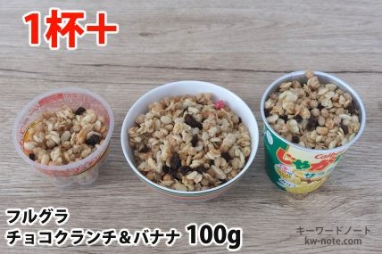 フルグラチョコクランチ＆バナナ100gを「Bigプッチンプリン」「250mlボウル」「じゃがりこ」に入れた時の目安