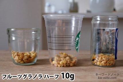 フルーツグラノラハーフ10gを「モロゾフ」「トールサイズのカップ」「ワンカップ大関」に入れた時の目安