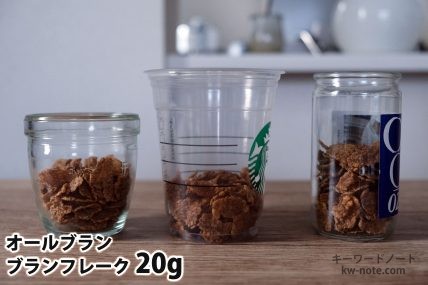ブランフレーク20gを「モロゾフ」「トールサイズのカップ」「ワンカップ大関」に入れた時の目安