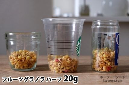 フルーツグラノラハーフ20gを「モロゾフ」「トールサイズのカップ」「ワンカップ大関」に入れた時の目安