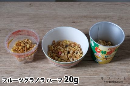 フルーツグラノラハーフ20gを「Bigプッチンプリン」「250mlボウル」「じゃがりこ」に入れた時の目安