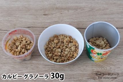 グラノーラ30gを「Bigプッチンプリン」「250mlボウル」「じゃがりこ」に入れた時の目安