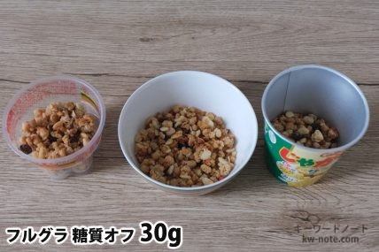 フルグラ糖質オフ30gを「Bigプッチンプリン」「250mlボウル」「じゃがりこ」に入れた時の目安