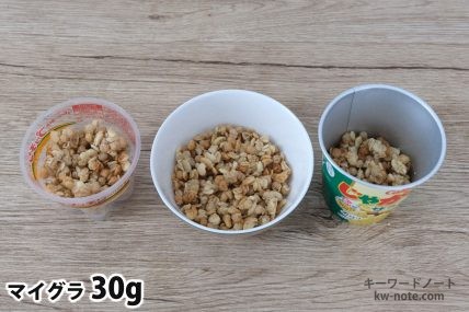 マイグラ30gを「Bigプッチンプリン」「250mlボウル」「じゃがりこ」に入れた時の目安
