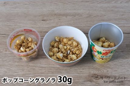 ポップコーングラノラ30gを「Bigプッチンプリン」「250mlボウル」「じゃがりこ」に入れた時の目安