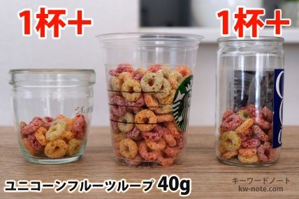 ユニコーンフルーツループ40gを「モロゾフ」「トールサイズのカップ」「ワンカップ大関」に入れた時の目安