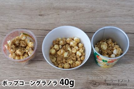 ポップコーングラノラ40gを「Bigプッチンプリン」「250mlボウル」「じゃがりこ」に入れた時の目安